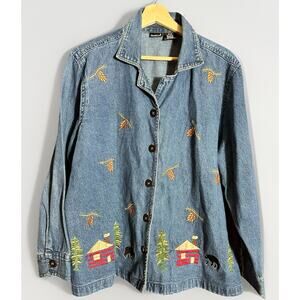 Vtg Northcrest Denim Jacket Cabin Bear Tree Embroidered Blue Cotton Sz 18/20